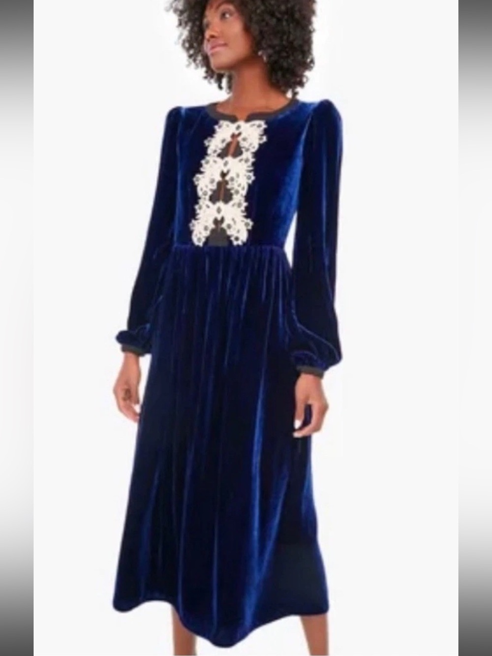 SALONI Women's Navy Velvet Long-Sleeve Midi Dress with Lace BOW Trim